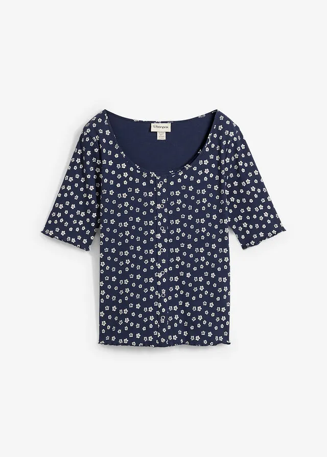 Camiseta de canalé con estampado de flores de algodón puro