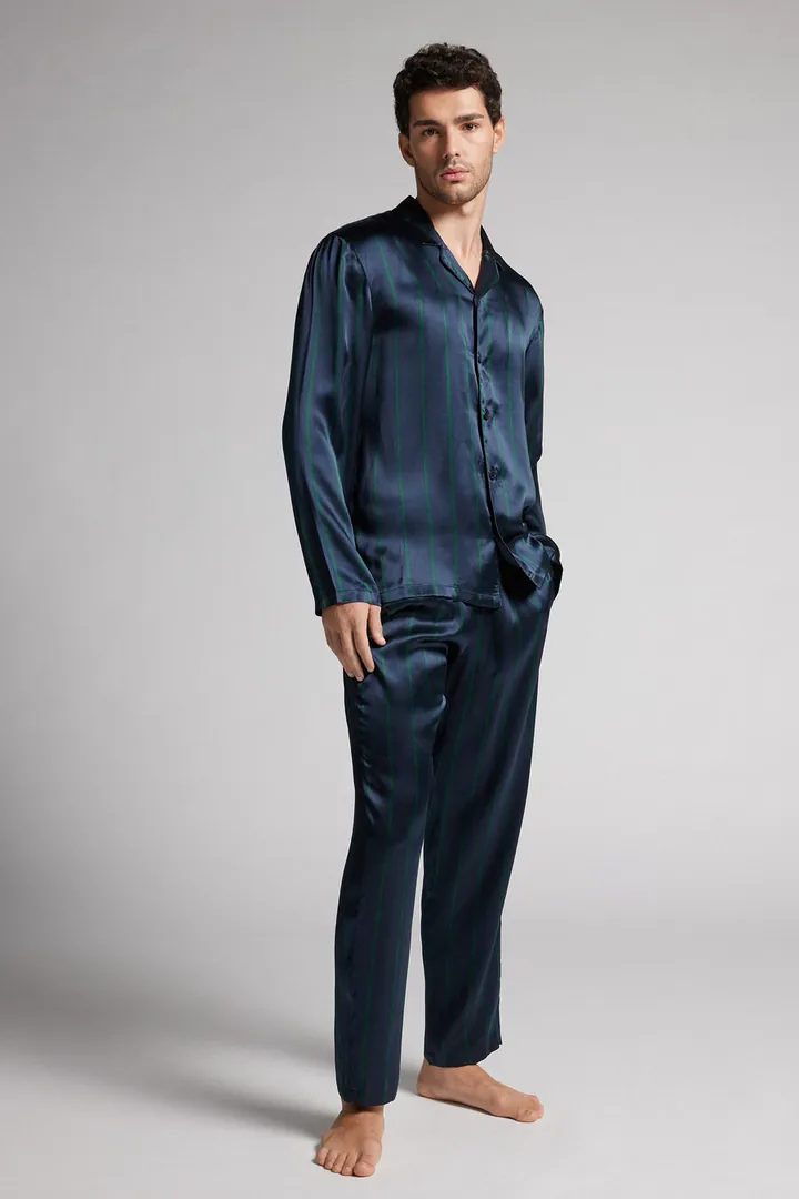 Intimissimi Pijama Largo de Seda con Estampado de Rayas Hombre Gris Oscuro Tamaño L