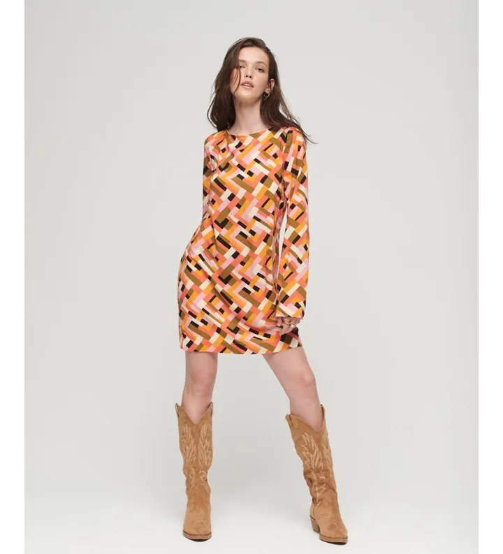Superdry para mujer. W8011578A Minivestido estampado multicolor (S), Casual, Viscosa, Manga larga