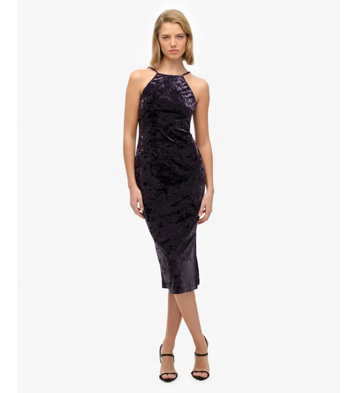 Superdry para mujer. W8011985A Vestido Lace Back Velvet Midi (L), Casual, Fiesta, Lila, Poliéster, Sin mangas / Tirantes