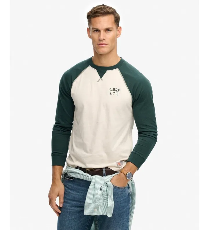 Superdry para hombre. M6010915A Camiseta Vintage Athletic Baseball verde (L), Casual, Algodón, Manga larga