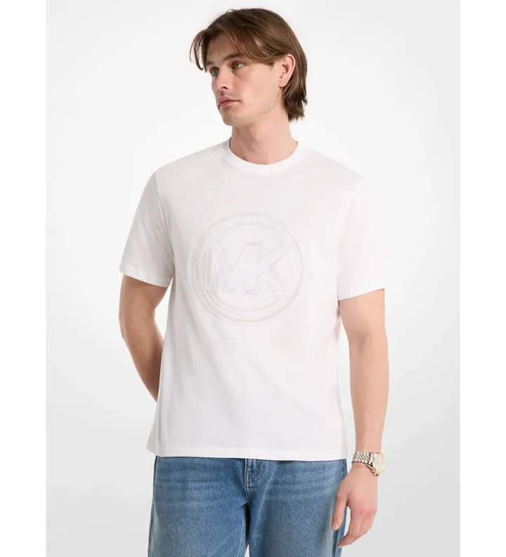 Michael Kors para hombre. CT65325FV4 Camiseta de punto liso de algodón con adorno de logotipo blanco (L), Casual, Manga corta