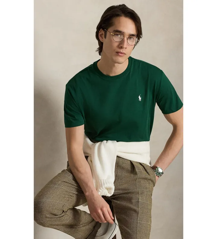 Polo Ralph Lauren para hombre. 710671438531 Camiseta de punto Custom Slim Fit verde oscuro (L), Casual, Algodón, Manga corta