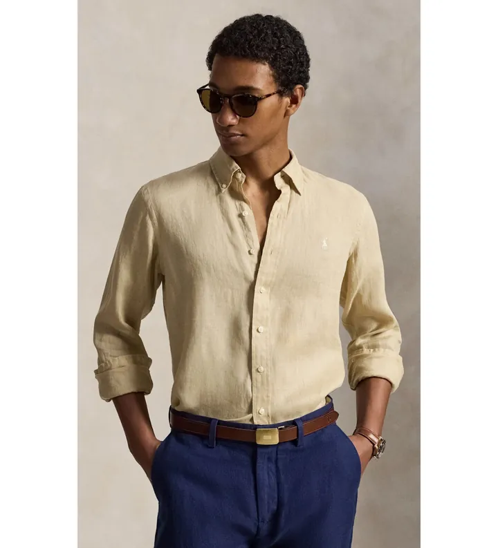Polo Ralph Lauren para hombre. 710966294520 Camisa de lino Custom Fit beige (L), Casual, Manga larga