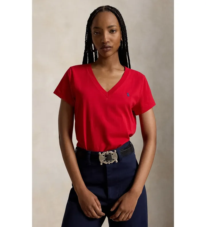 Polo Ralph Lauren para mujer. 211B14611004 Camiseta de punto con cuello de pico rojo (L), Casual, Algodón, Manga corta