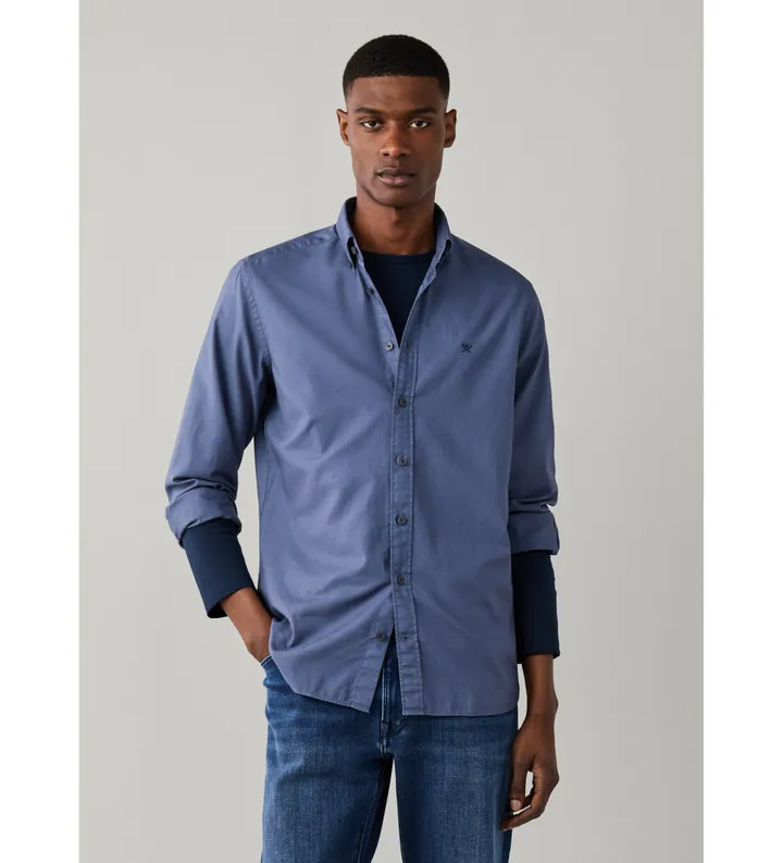 Hackett London para hombre. HM3010835 Camisa Essential Dyed azul (L), Casual, Algodón, Manga larga