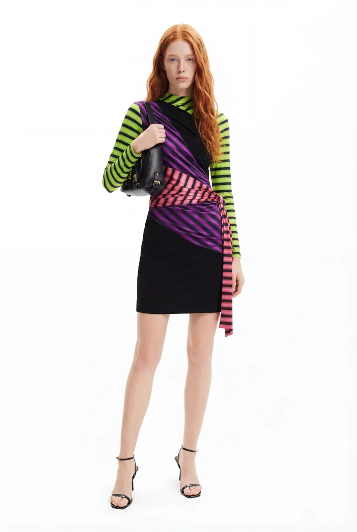 Desigual, Vestido corto rayas María Escoté, Acetato, Negro, L