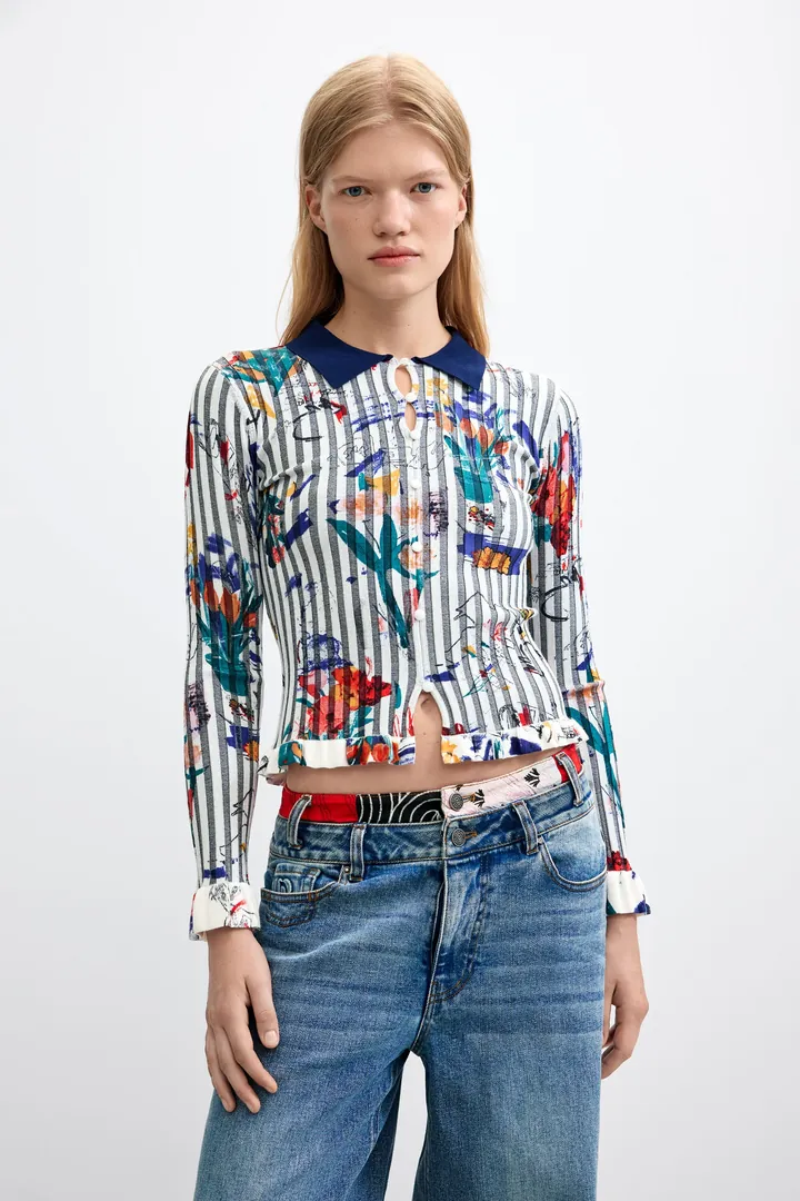 Desigual, Jersey Floral Cuello Camisa, Mujer, Blanco, L