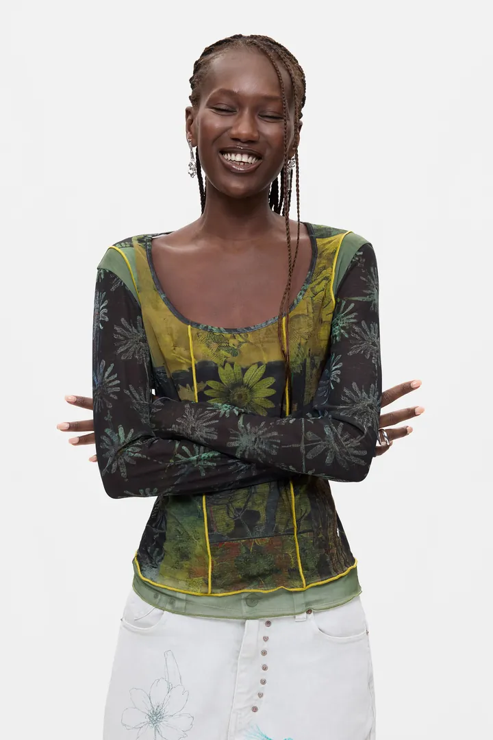 Desigual, Camiseta Manga Larga Estampada, Mujer, Poliester, Negro, L