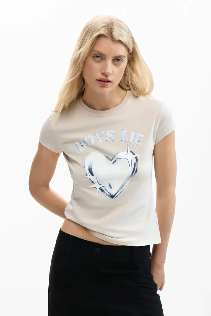 Desigual, Camiseta ajustada corazón, Mujer, Algodon, Azul, L
