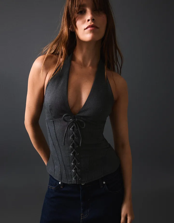 Bershka Top Halter Efecto Corsé Mujer L Azul Oscuro