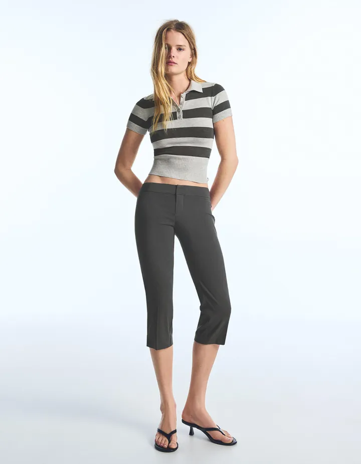 Bershka Jersey Punto Manga Corta Rayas Mujer L Gris