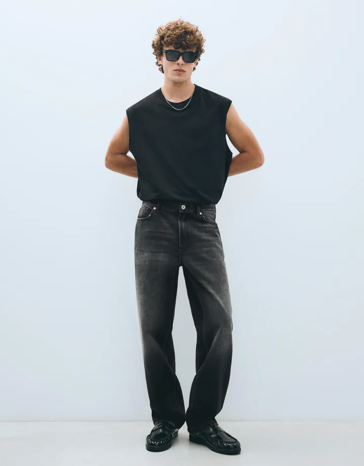 Bershka Jeans Straight Wide Hombre 32 Negro