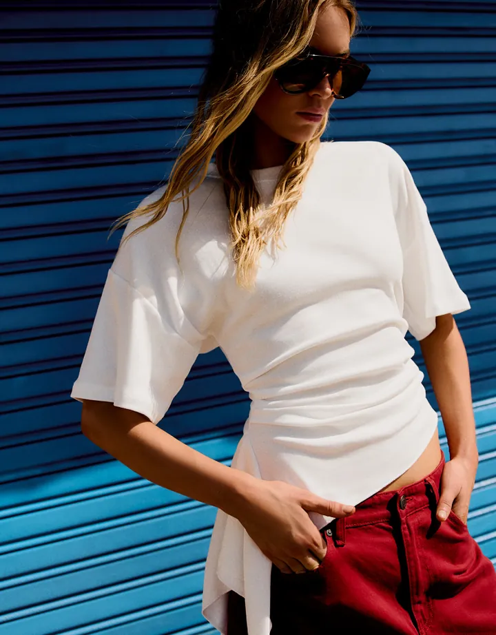 Bershka Camiseta Manga Corta Fruncido Mujer L Blanco Roto