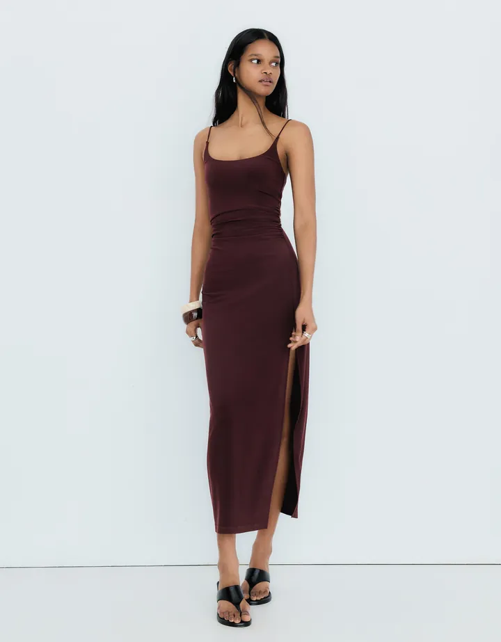 Bershka Vestido Midi Tirantes Fruncido Mujer L Burdeos