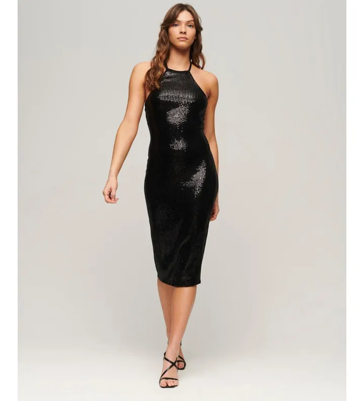 Superdry para mujer. W8011581A Vestido midi con escote halter de lentejuelas negro (L), Fiesta, Poliéster, Sin mangas / Tirantes