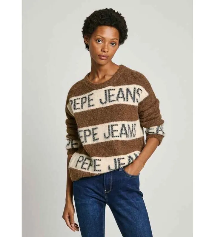 Pepe Jeans para mujer. PL702226 Jersey punto rayas Helmi marrón (L), Casual, Poliéster
