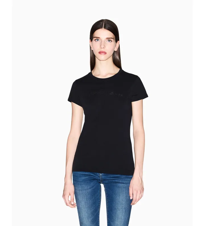 A|X Armani Exchange para mujer. XW001457AF10356UC001 Camiseta Entallada con Logo Brillante negro (L), Casual, Algodón, Manga corta