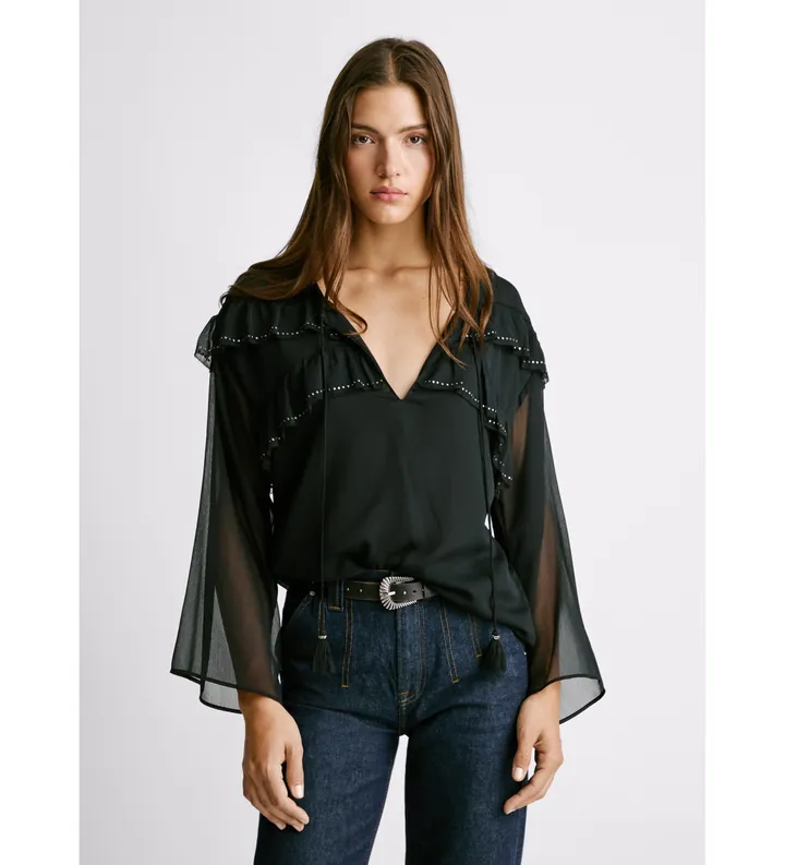 Pepe Jeans para mujer. PL3051294 Blusa Lizandra negra (L), Negro, Casual, Poliéster, Manga larga