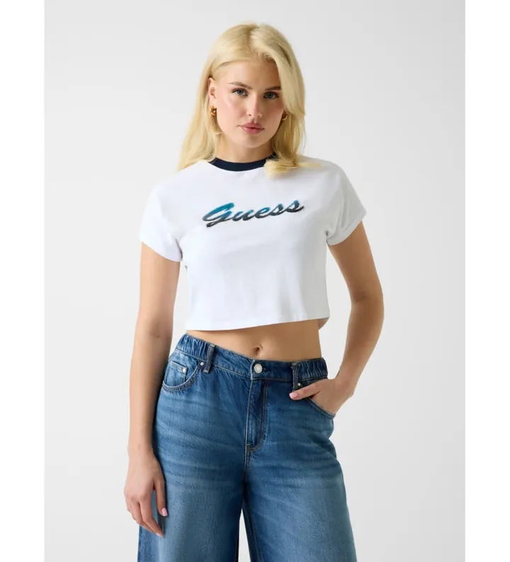 Guess para mujer. W6GI31K3224 Crop Top logotipo blanco (XS), Casual, Algodón, Manga corta