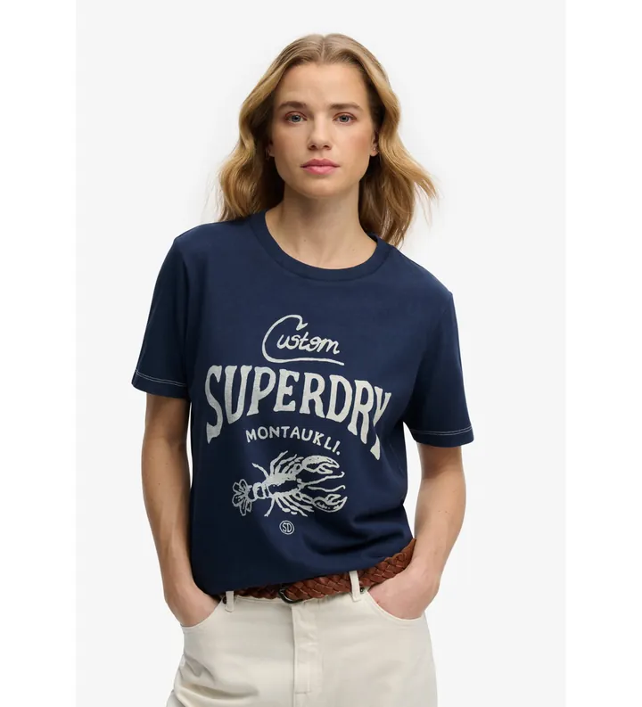 Superdry para mujer. W1011872A Camiseta Heritage Hamptons marino (L), Casual, Algodón, Manga corta