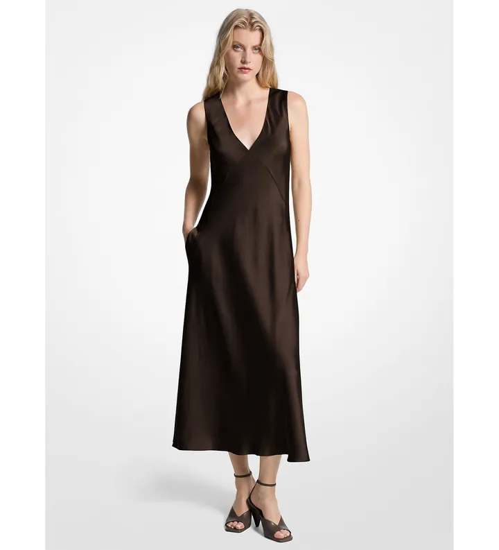 Michael Kors para mujer. MF5839EAYJ Vestido midi de satén marrón (S), Casual, Sin mangas / Tirantes, Poliéster Reciclado, Sostenible
