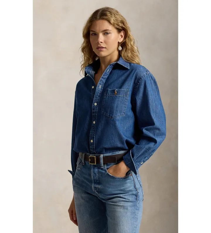 Polo Ralph Lauren para mujer. 211B17146001 Camisa de denim de algodón Big Fit azul (L), Casual, Manga larga