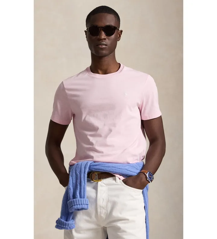 Polo Ralph Lauren para hombre. 710671438530 Camiseta de punto Custom Slim Fit rosa (L), Casual, Algodón, Manga corta