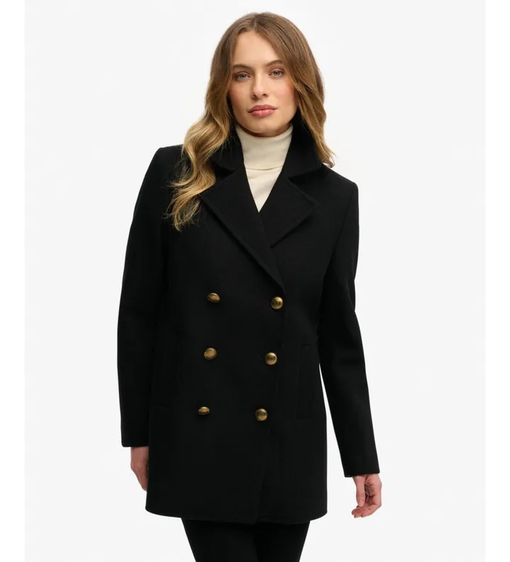 Superdry para mujer. W5012100A Chaquetón Double Breasted negro (10), Lana, Clásico