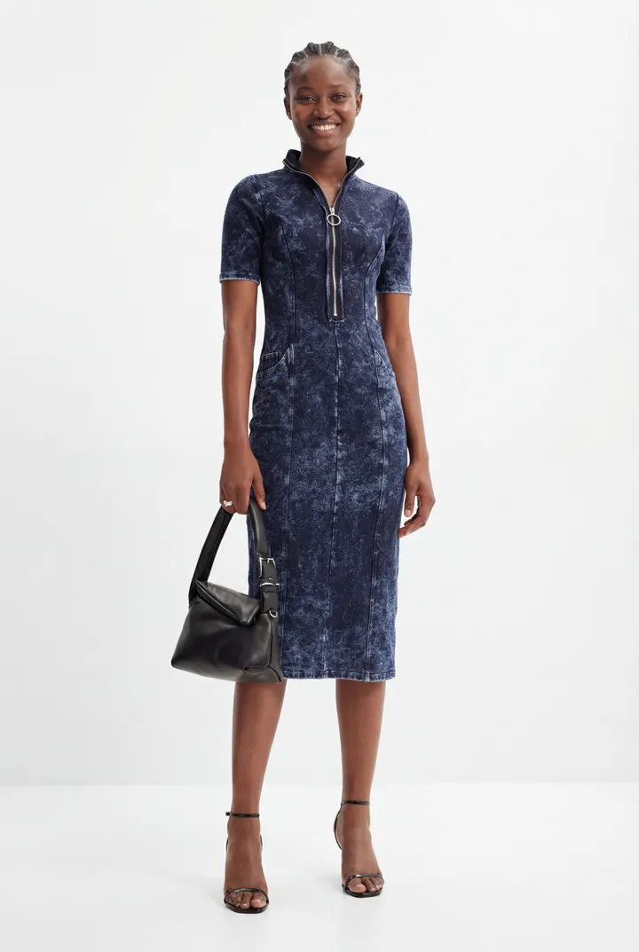 Desigual, Vestido cremallera midi, Algodon, Azul, XS