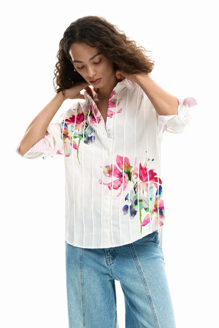 Desigual, Camisa manga larga tableado flores, Mujer, Algodon, Blanco, L