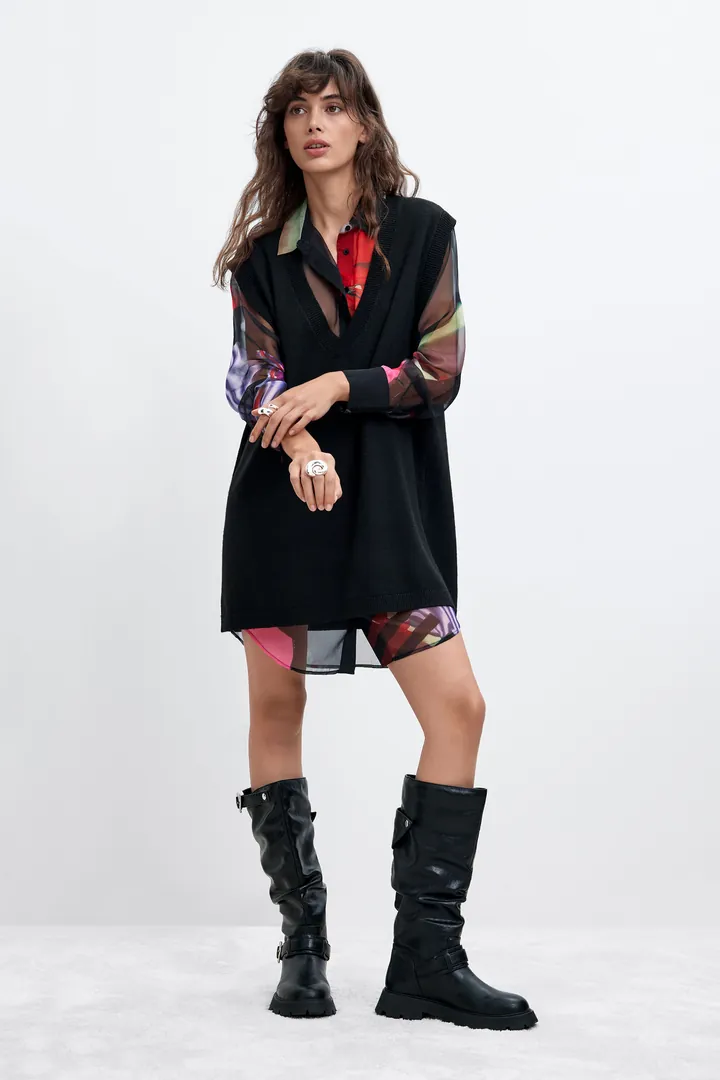 Desigual, Vestido camisa 2 en 1 M. C. Lacroix, Mujer, Poliester, Negro, L
