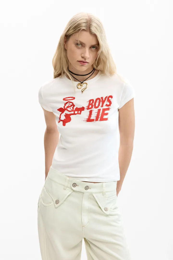 Desigual, Camiseta ajustada Boys Lie, Mujer, Algodon, Blanco, L