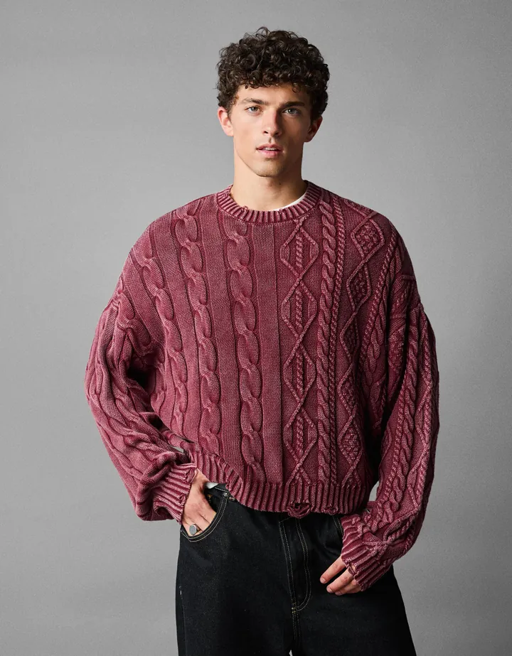 Bershka Jersey Trenzado Efecto Lavado Hombre L Granate