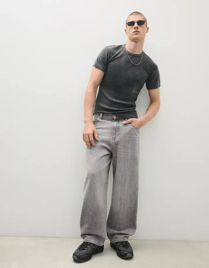 Bershka Jeans Neobarrel Bordado Hombre 32 Gris