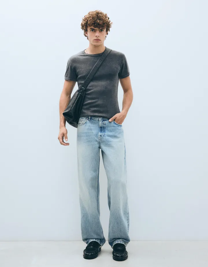 Bershka Jeans Straight Wide Hombre 32 Azul Lavado