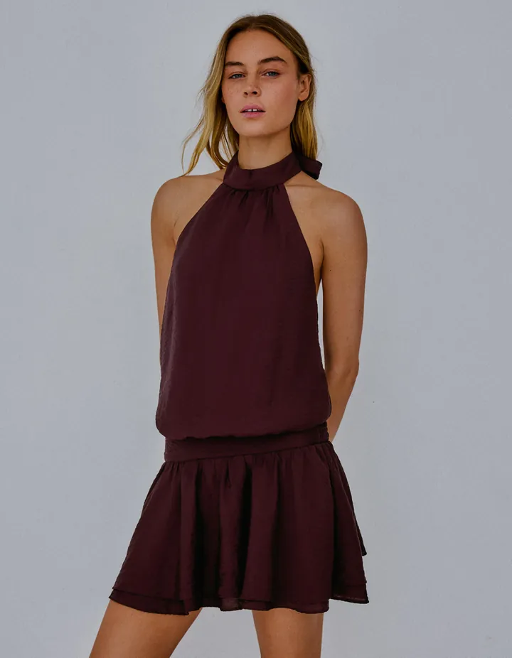 Bershka Vestido Mini Cuello Halter Mujer L Granate