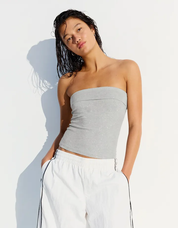 Bershka Top Bandeau Brillo Mujer L Gris
