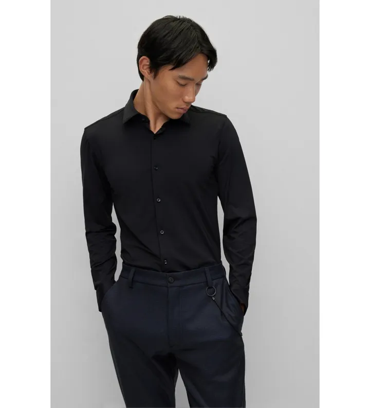 HUGO para hombre. 50481195 Camisa Kenno negro (37), Casual, Poliamida, Manga larga