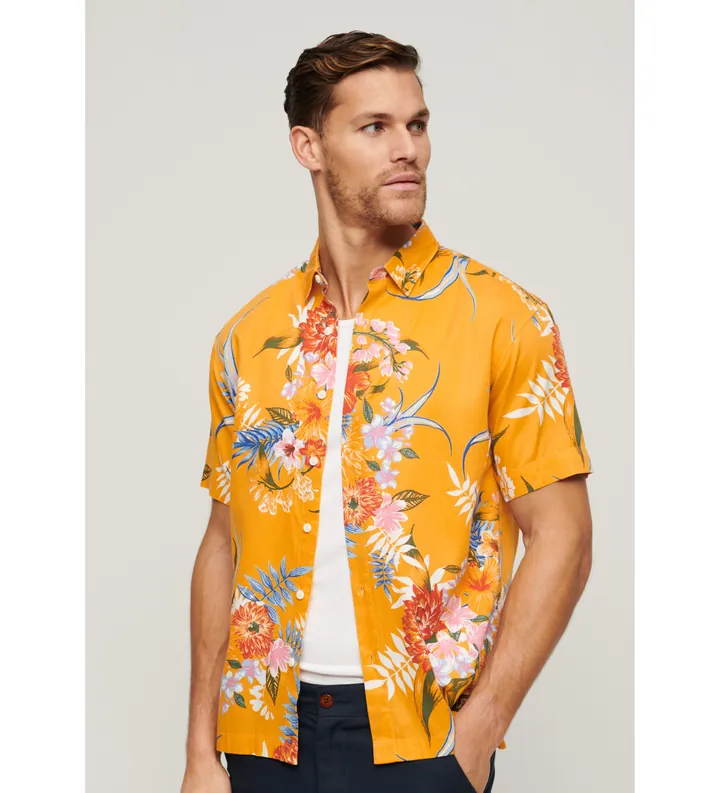 Superdry para hombre. M4010353A Camisa hawaiana amarillo (M), Casual, Modal, Manga corta