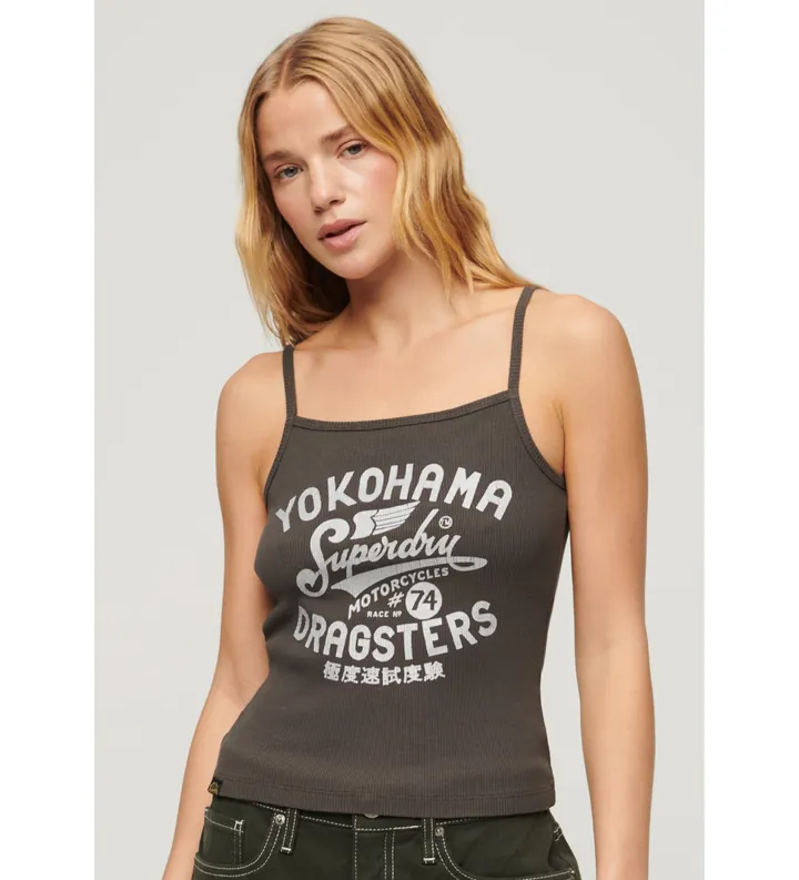 Superdry para mujer. W6011887A Camiseta gráfica Retro Rocker negro (L/XL), Casual, Sin mangas / Tirantes, Algodón Orgánico, Sostenible