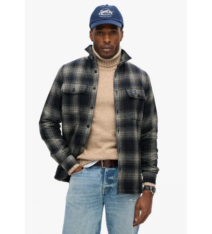 Superdry para hombre. M4010720A Sobrecamisa a cuadros de lana forrada de tejido polar marino (M), Casual, Poliéster, Manga larga