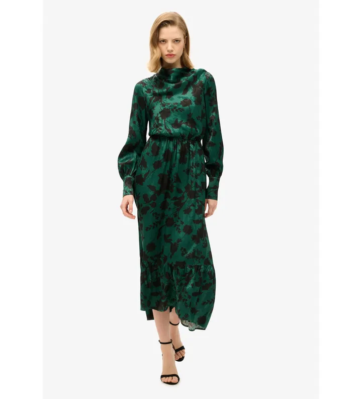 Superdry para mujer. W8011790A Vestido largo de jacquard con cuello vuelto verde (M), Casual, Viscosa, Manga larga