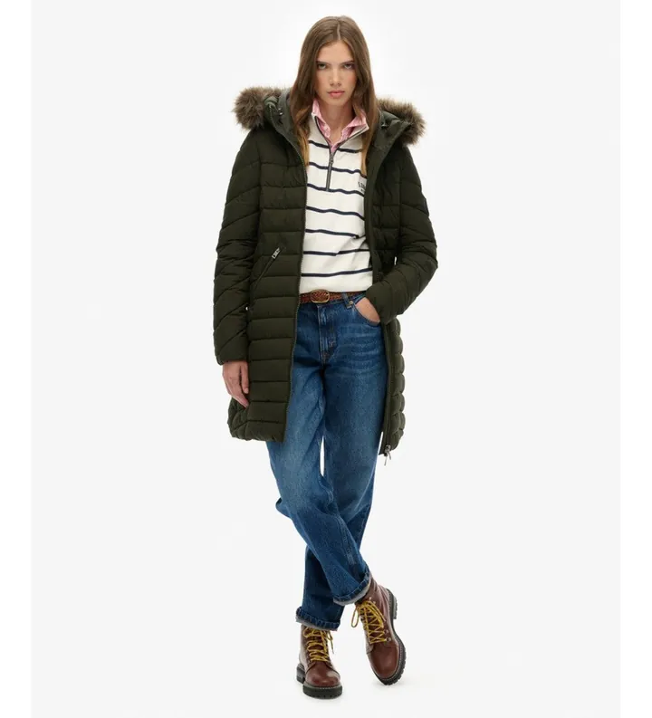 Superdry para mujer. W5011999A Abrigo Fuji Faux verde oscuro (S), Casual, Poliéster