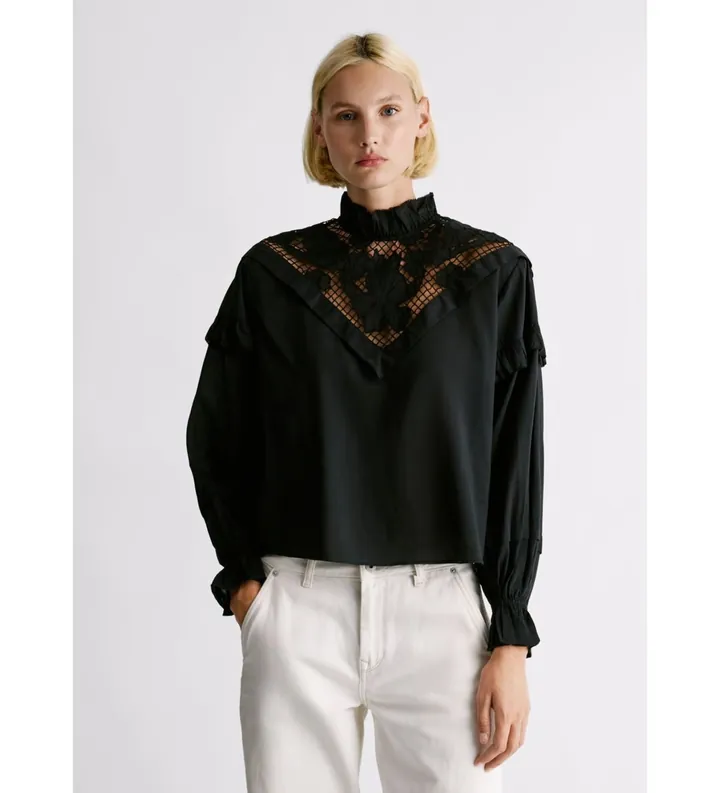 Pepe Jeans para mujer. PL3051295 Blusa Momi negra (L), Negro, Casual, Algodón, Manga larga
