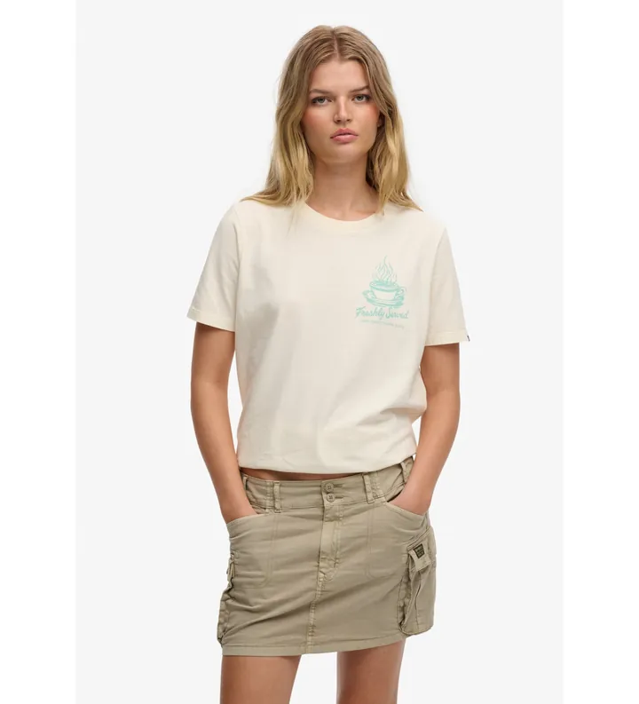 Superdry para mujer. W1011746A Camiseta Roadside Trade Relaxed blanco roto (L), Casual, Algodón, Manga corta