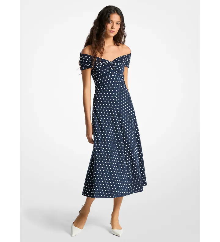 Michael Kors para mujer. MR683GLKA7 Vestido de punto liso mate elástico con estampado de lunares marino (XS), Azul, Casual, Sin mangas / Tir