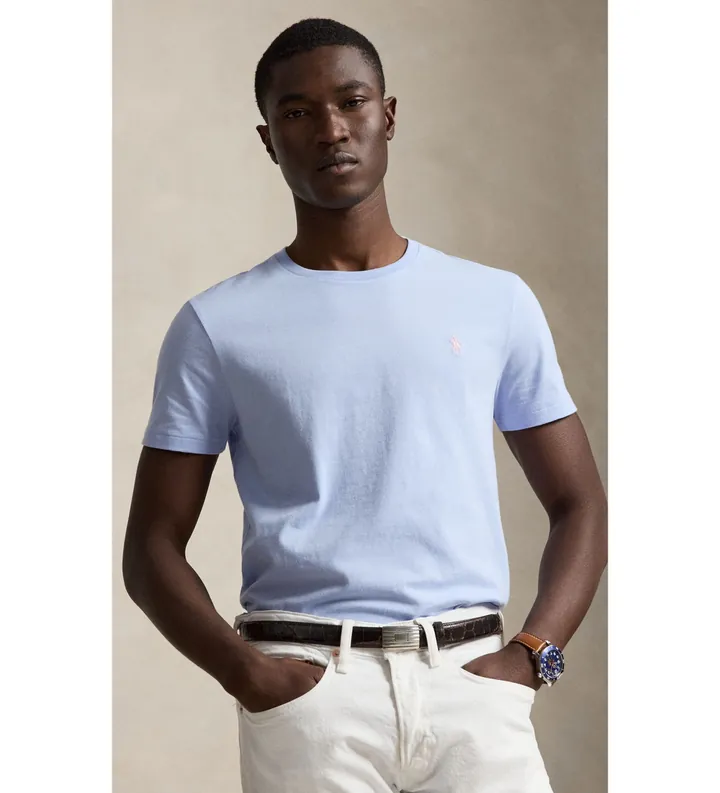 Polo Ralph Lauren para hombre. 710671438528 Camiseta de punto Custom Slim Fit azul claro (L), Casual, Algodón, Manga corta