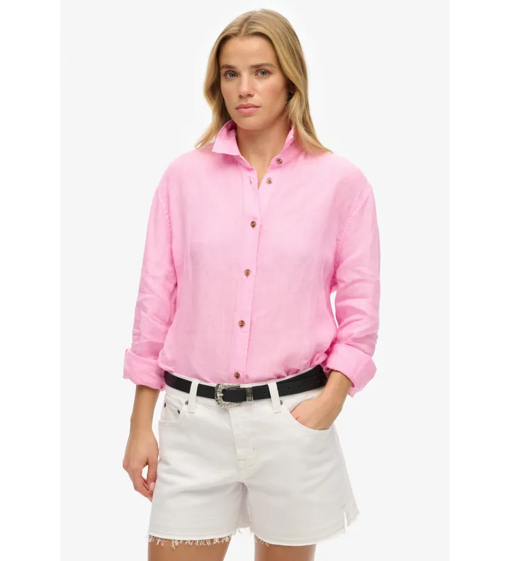 Superdry para mujer. W4010463A Camisa informal de lino con corte boyfriend rosa (S), Casual, Manga larga