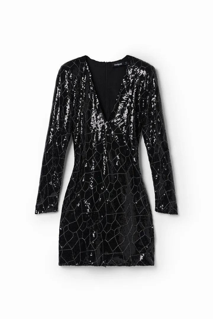 Desigual, Vestido corto lentejuelas, Poliester, Negro, L